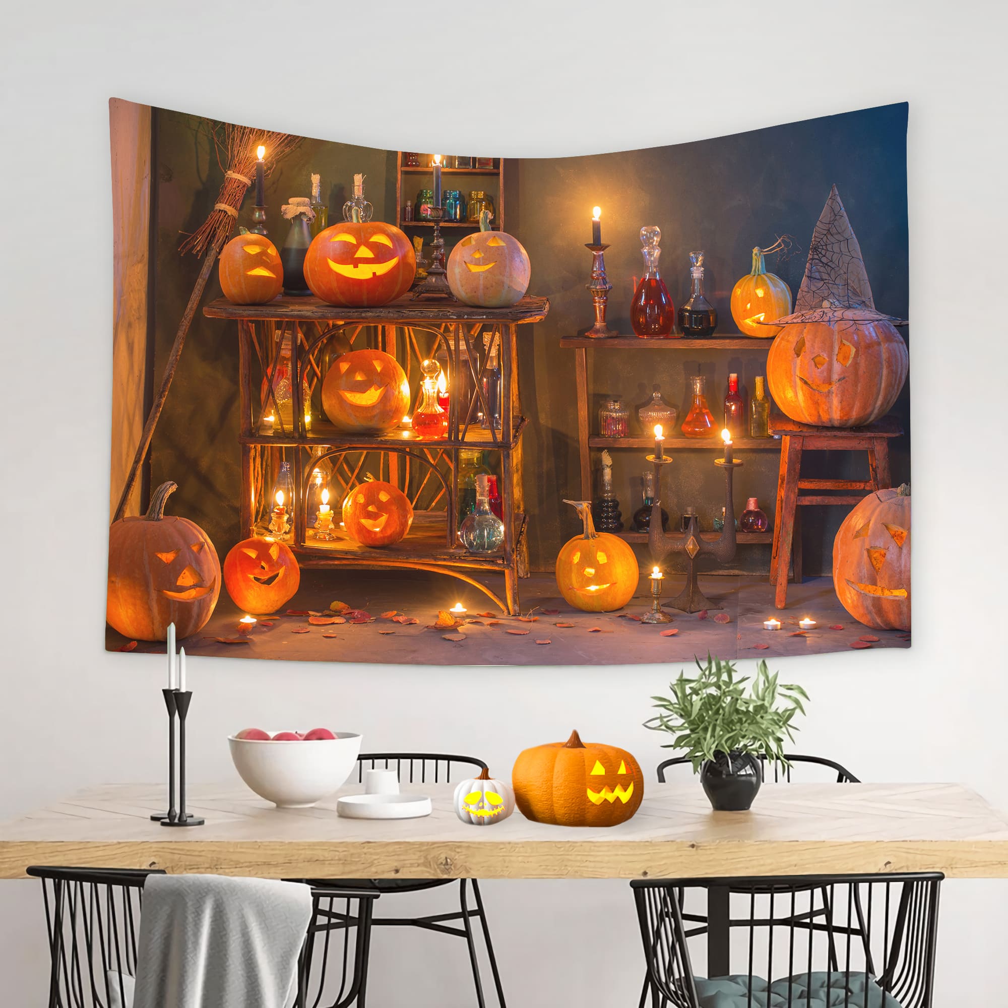 Gespenstische Interieur Halloween Kürbisse Hintergrund M8-48