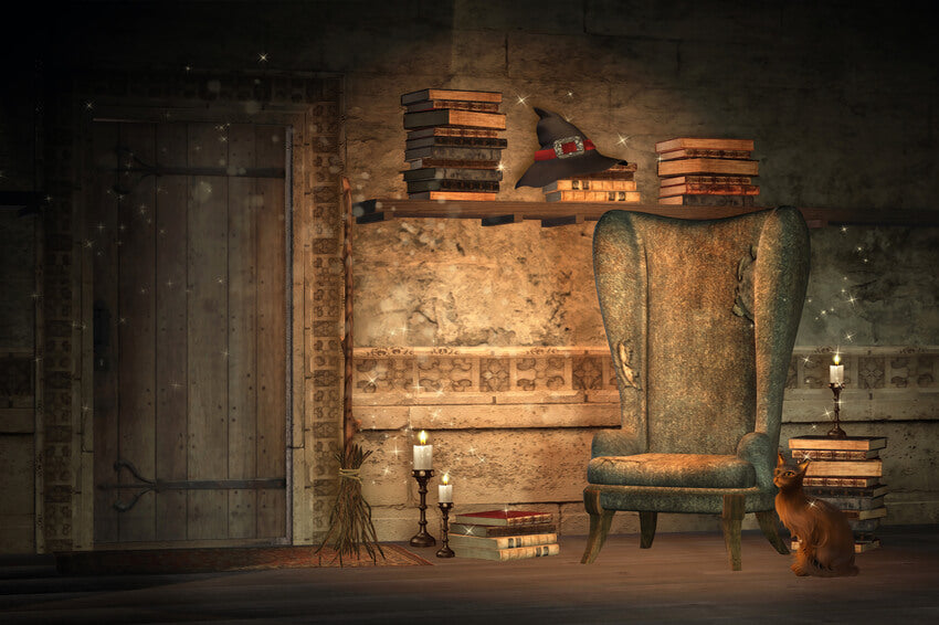 Wizard Kerzen Stuhl Katze Magie Bücher Backdrop M9-50