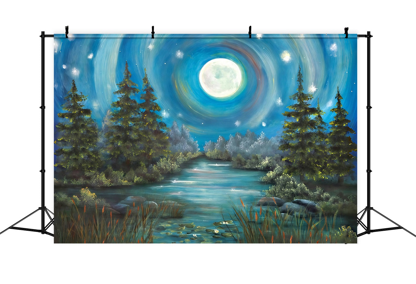 Wald-Hintergrund Mondbeschienener Wald Fluss Neugeborenen-Foto-Hintergrund MRR10-33