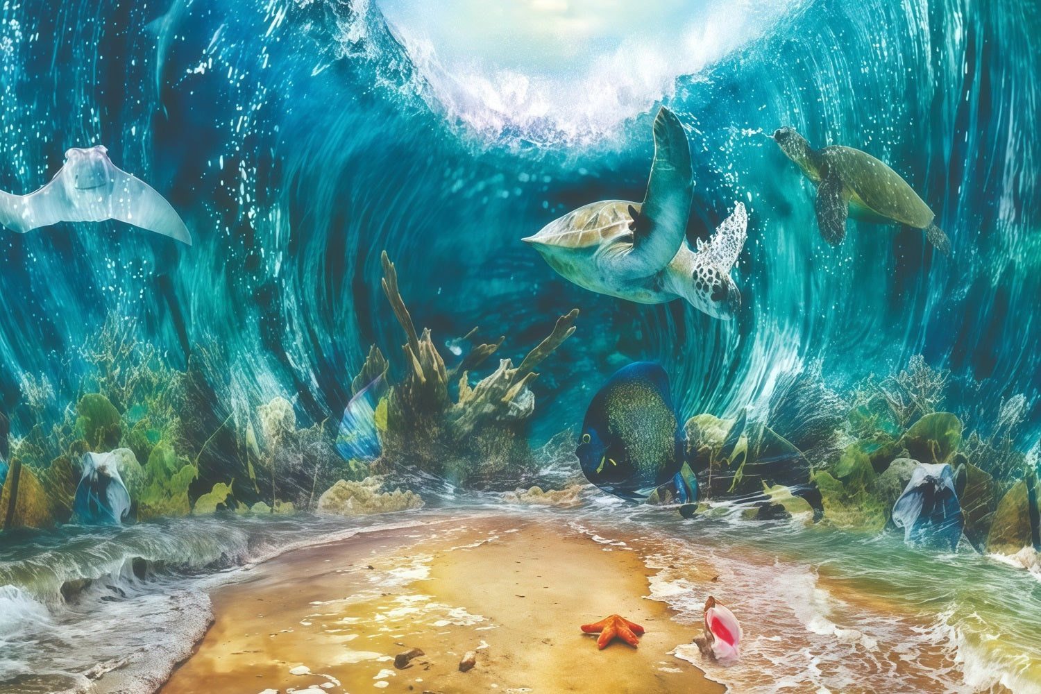 Cake Smash-Hintergrund Unterwasser-Meeresleben Schildkröten 1. Geburtstag-Hintergrund MRR10-37