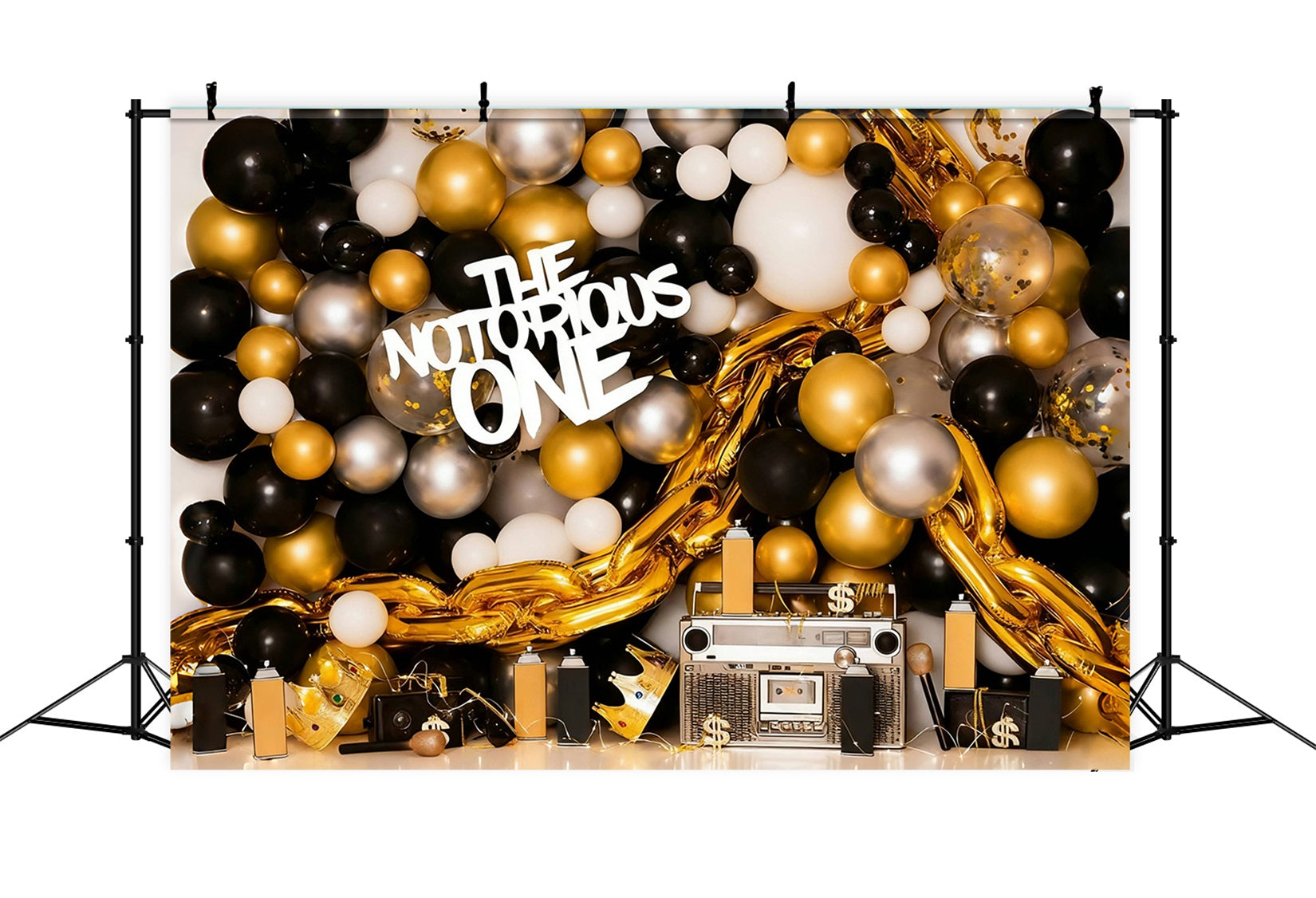 Cake Smash-Hintergrund Gold-schwarze Luftballons 1. Geburtstag-Hintergrund MRR10-43