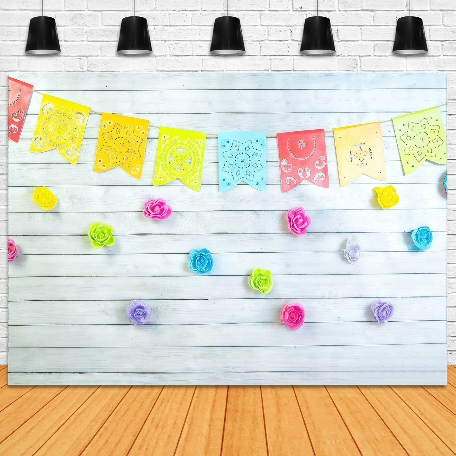 1. Geburtstag-Hintergrund Bunte Blumengirlanden Flaggen Cake Smash-Hintergrund MRR10-46