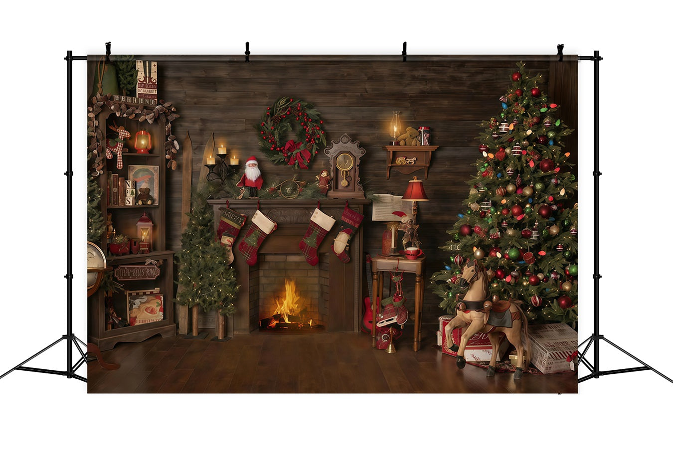 Weihnachts-Hintergrund Holzhaus Kamin Strümpfe Weihnachtsfoto-Hintergrund MRR10-52