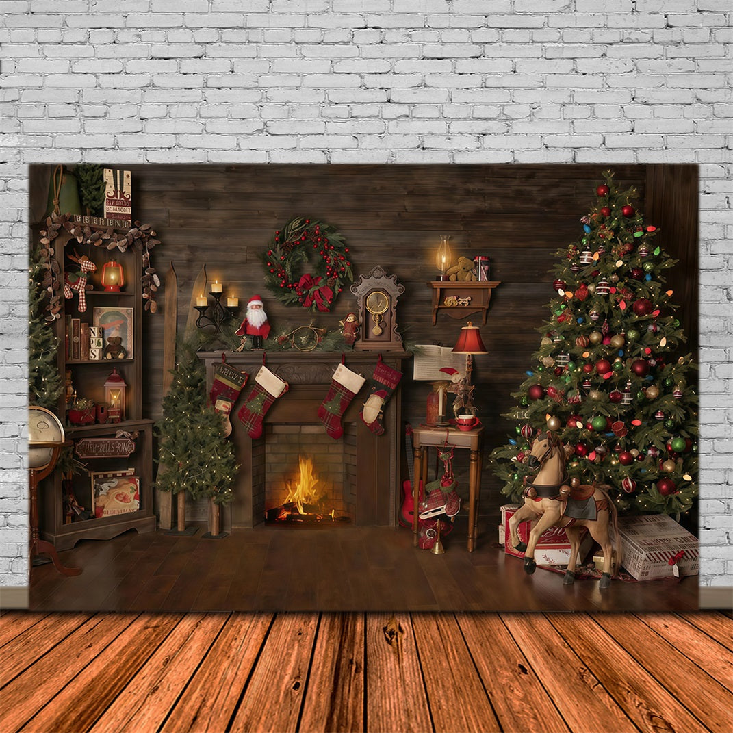 Weihnachts-Hintergrund Holzhaus Kamin Strümpfe Weihnachtsfoto-Hintergrund MRR10-52