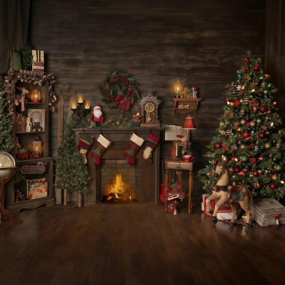 Weihnachts-Hintergrund Holzhaus Kamin Strümpfe Weihnachtsfoto-Hintergrund MRR10-52