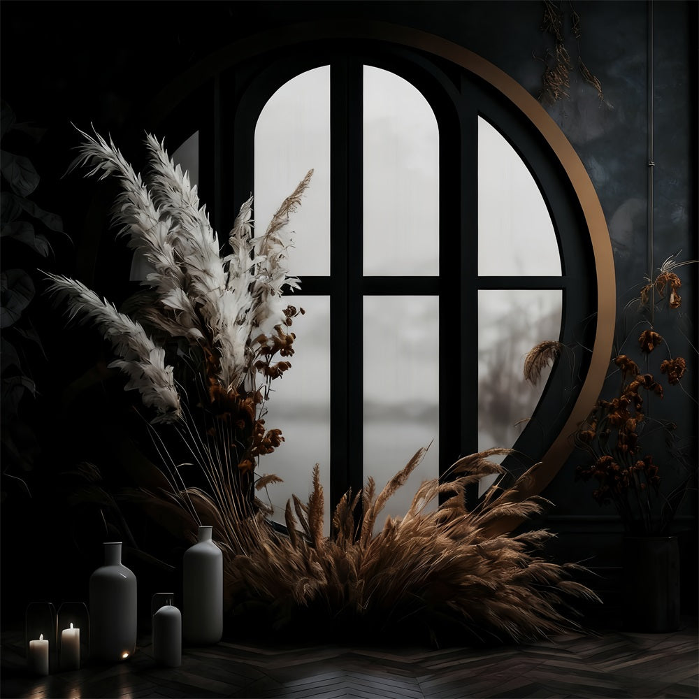Boho-Hintergrund Dunkles Fenster Pampasgras Bohemian-Hintergrund MRR10-53