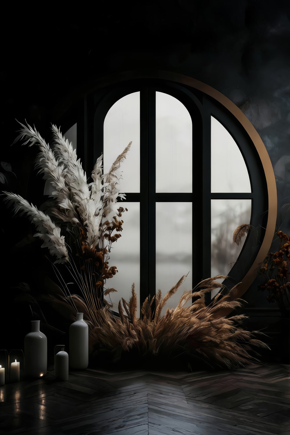 Boho-Hintergrund Dunkles Fenster Pampasgras Bohemian-Hintergrund MRR10-53