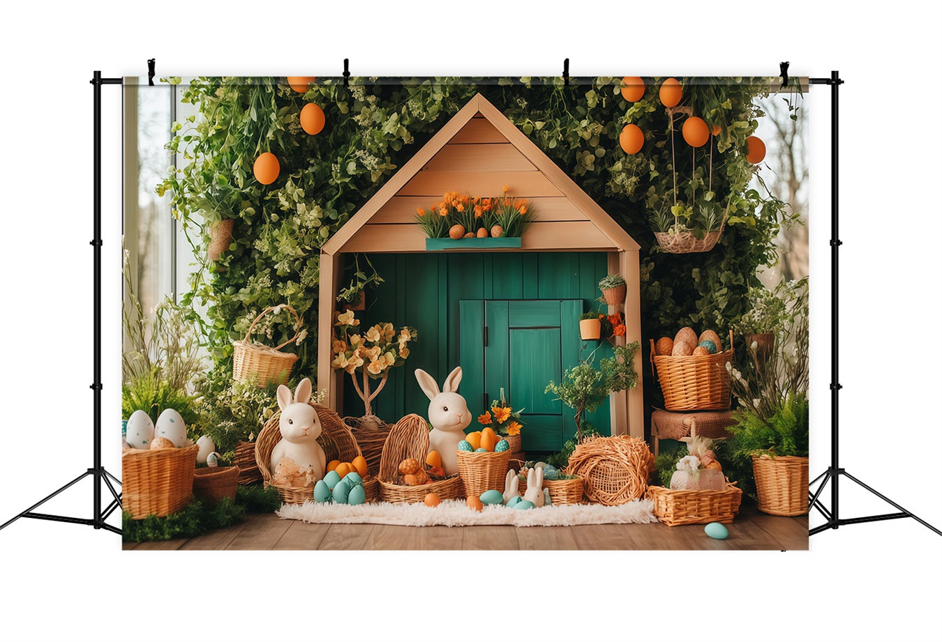 Osterhintergründe Pastellfarbenes Häuschen mit Hasen Oster-Fotokabinenhintergrund MRR11-85