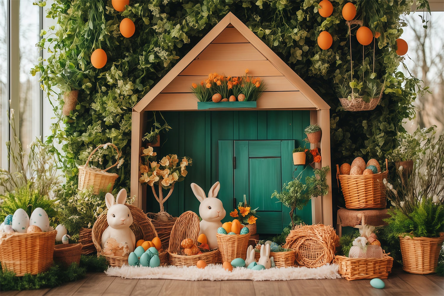 Osterhintergründe Pastellfarbenes Häuschen mit Hasen Oster-Fotokabinenhintergrund MRR11-85