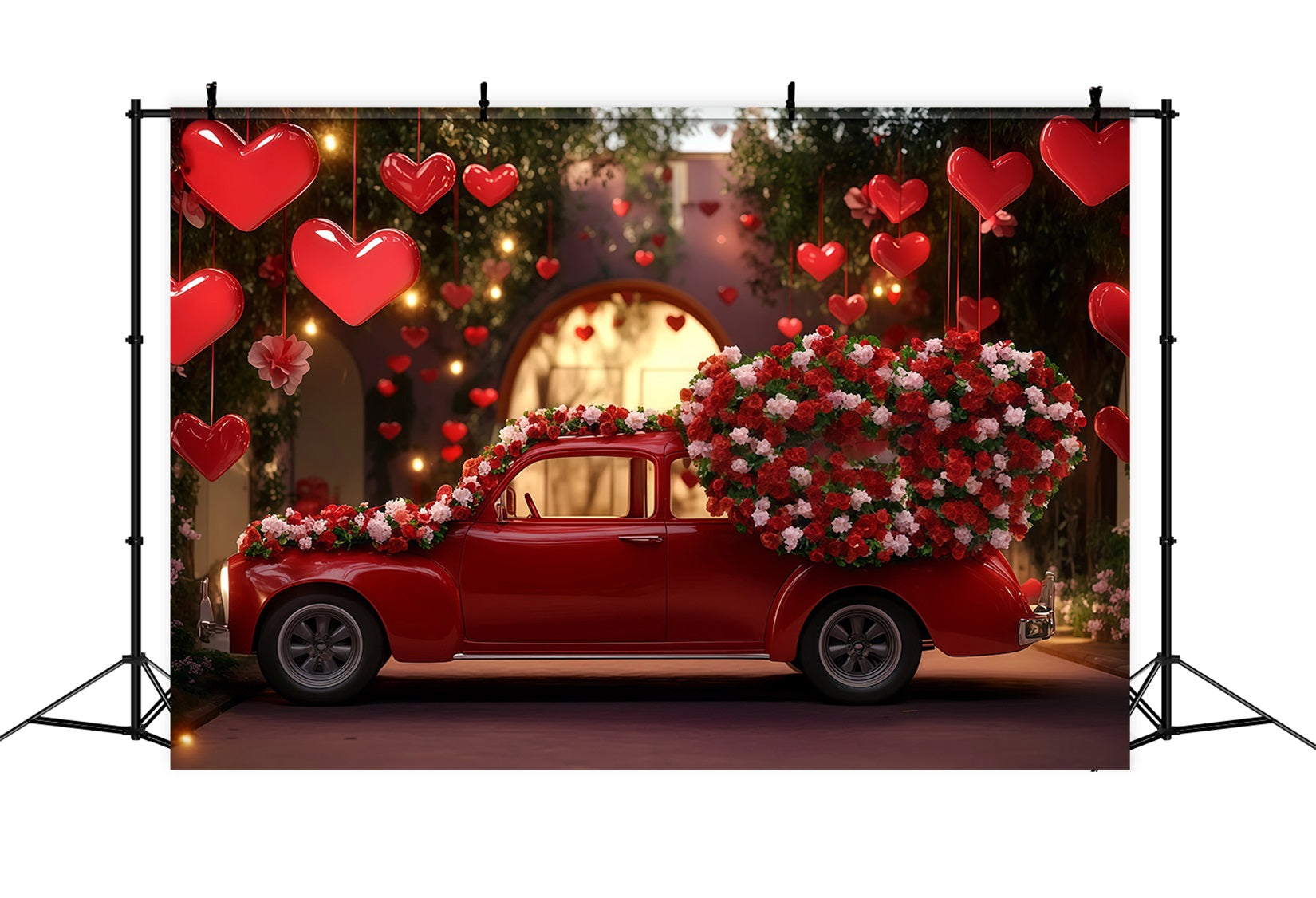 Valentinstag-Hintergrund Rotes Vintage-Auto Liebe Valentinstag-Hintergrund MRR11-98