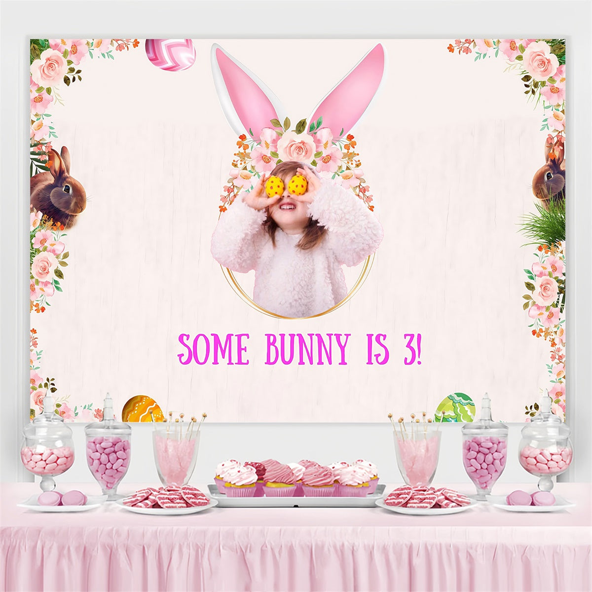 Fotohintergrund für Ostern Rosa gestreifte Hase Floral Customized Backdrop MRR3-137