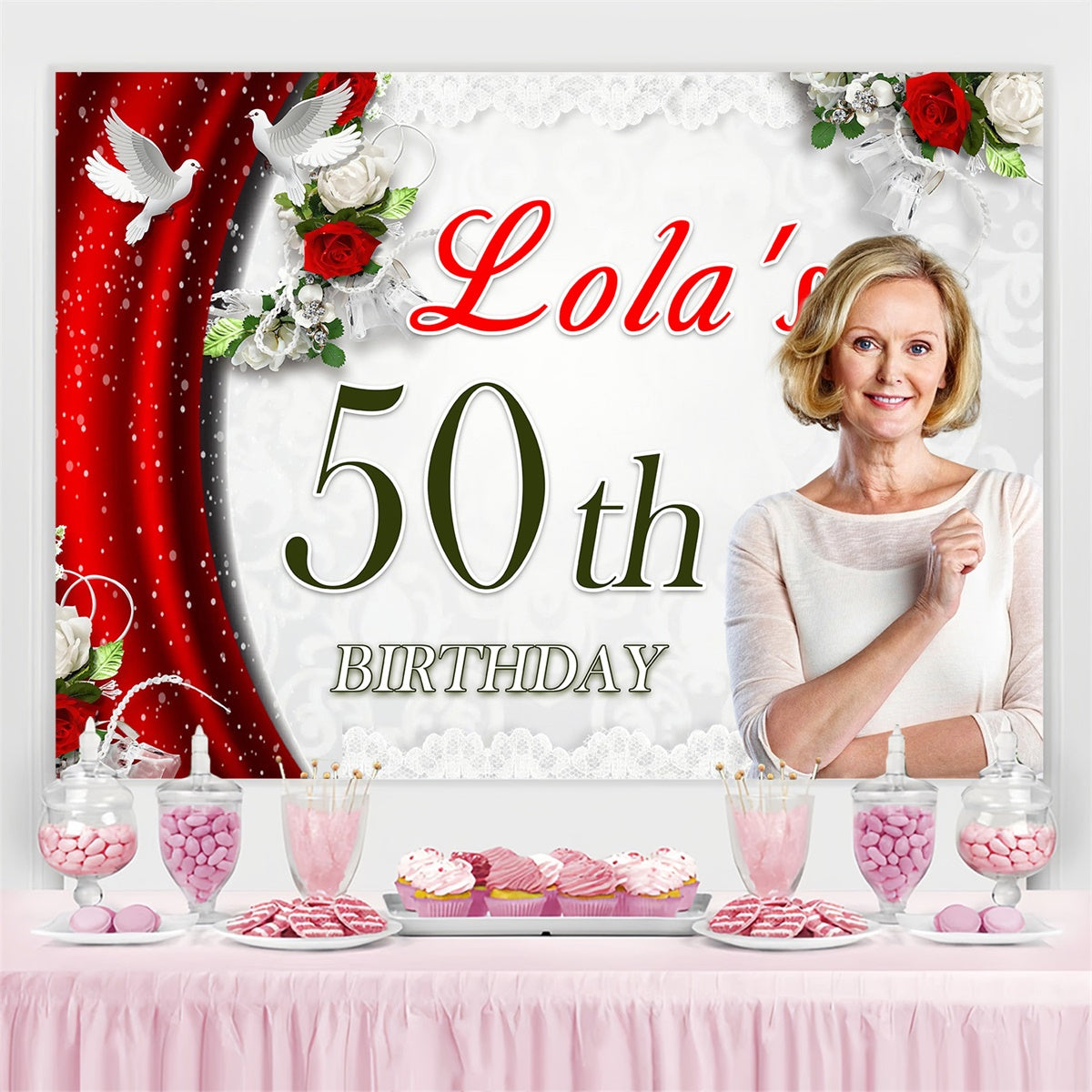 Personalisierte 50. Geburtstag Backdrop Roter Vorhang Taube Backdrop MRR3-141