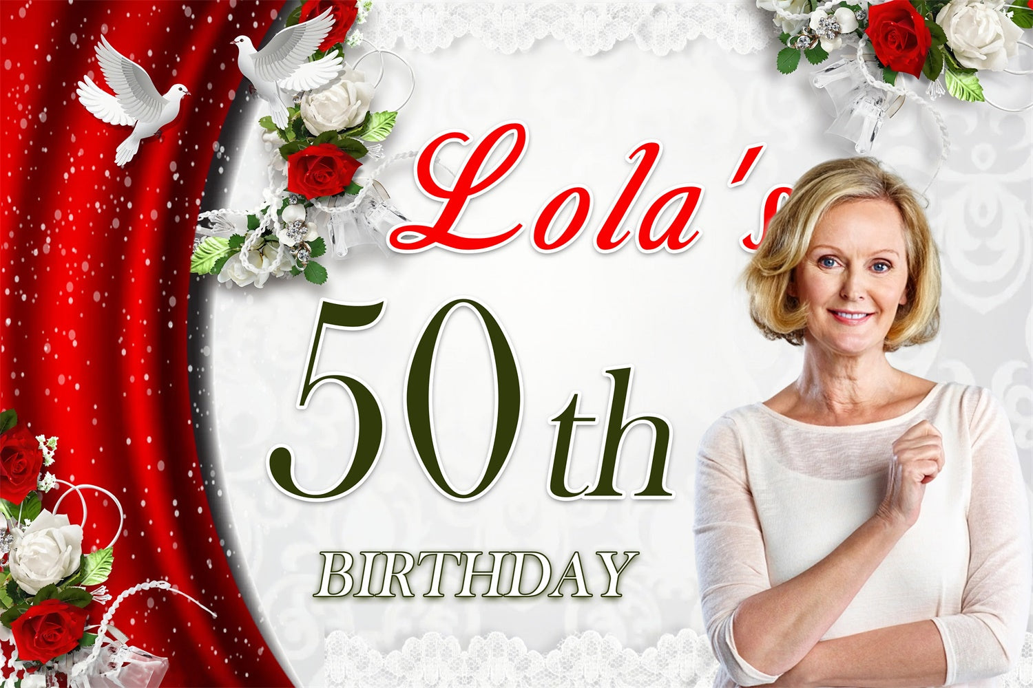 Personalisierte 50. Geburtstag Backdrop Roter Vorhang Taube Backdrop MRR3-141