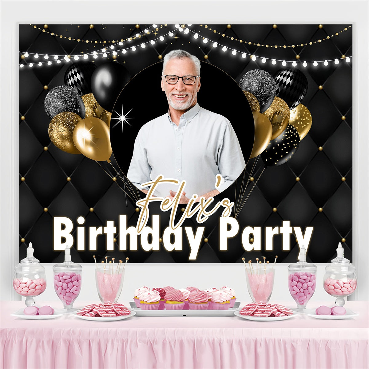 Personalisierte Geburtstag Backdrop funkelnde Lichter Gold Ballon Backdrop MRR3-147