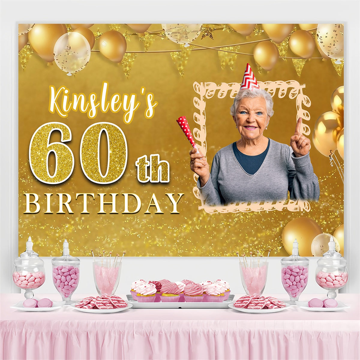 Custom Birthday Backdrops Festliche Ballon Fröhlich Gold Backdrop MRR3-149