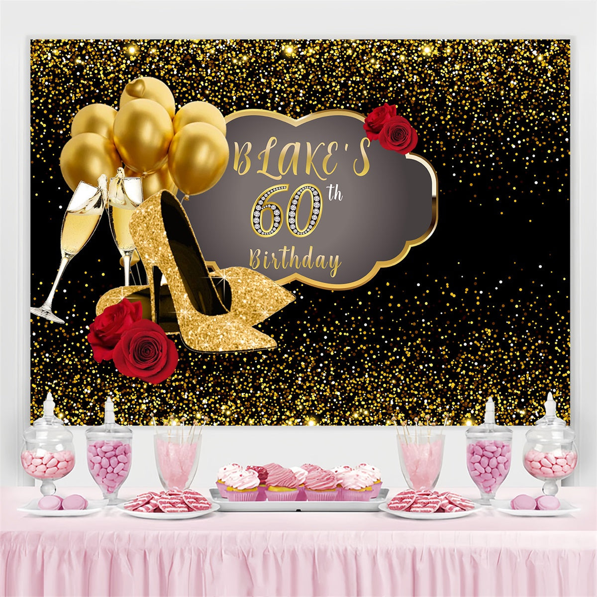 Personalisierte 60. Geburtstag Backdrop Rote Rose Golden Heels Backdrop MRR3-152