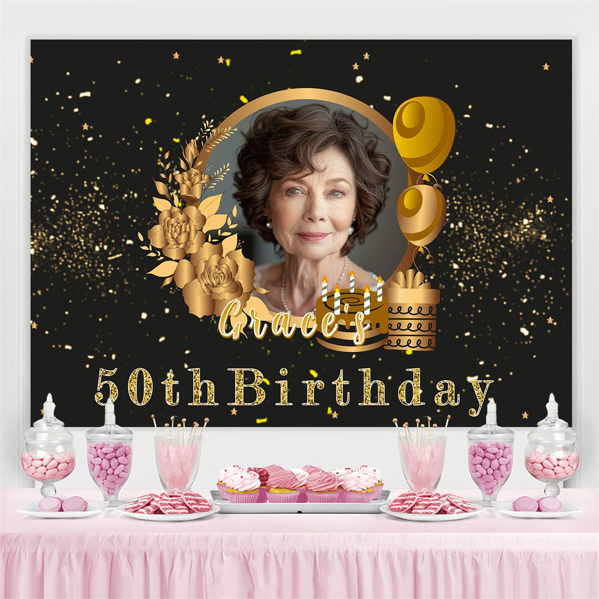 Personalisierte 50. Geburtstag Backdrop Chic Gold Floral Backdrop MRR3-159
