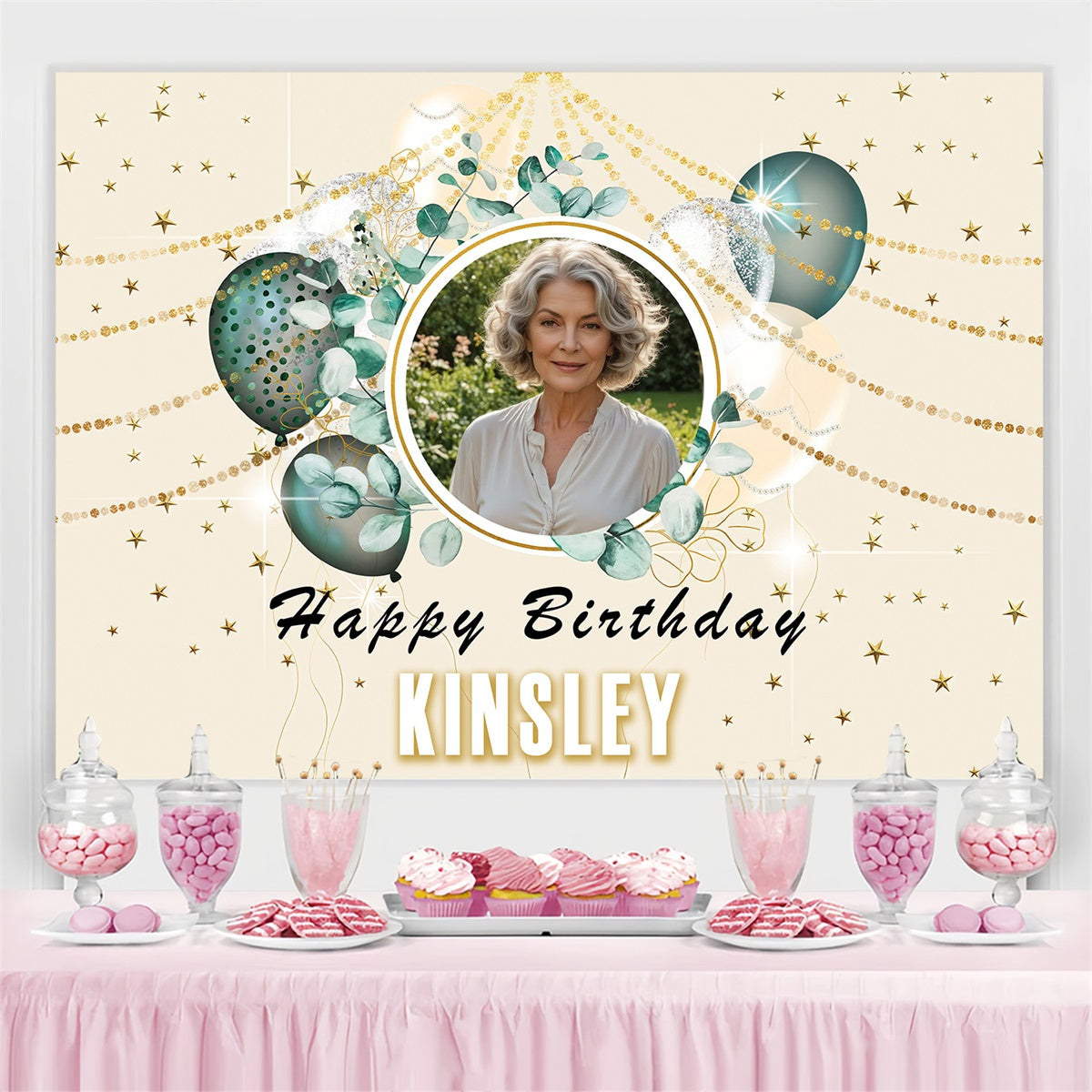 Personalisierte Birthday Backdrops Circle Frame Leafy Balloon Backdrop MRR3-161