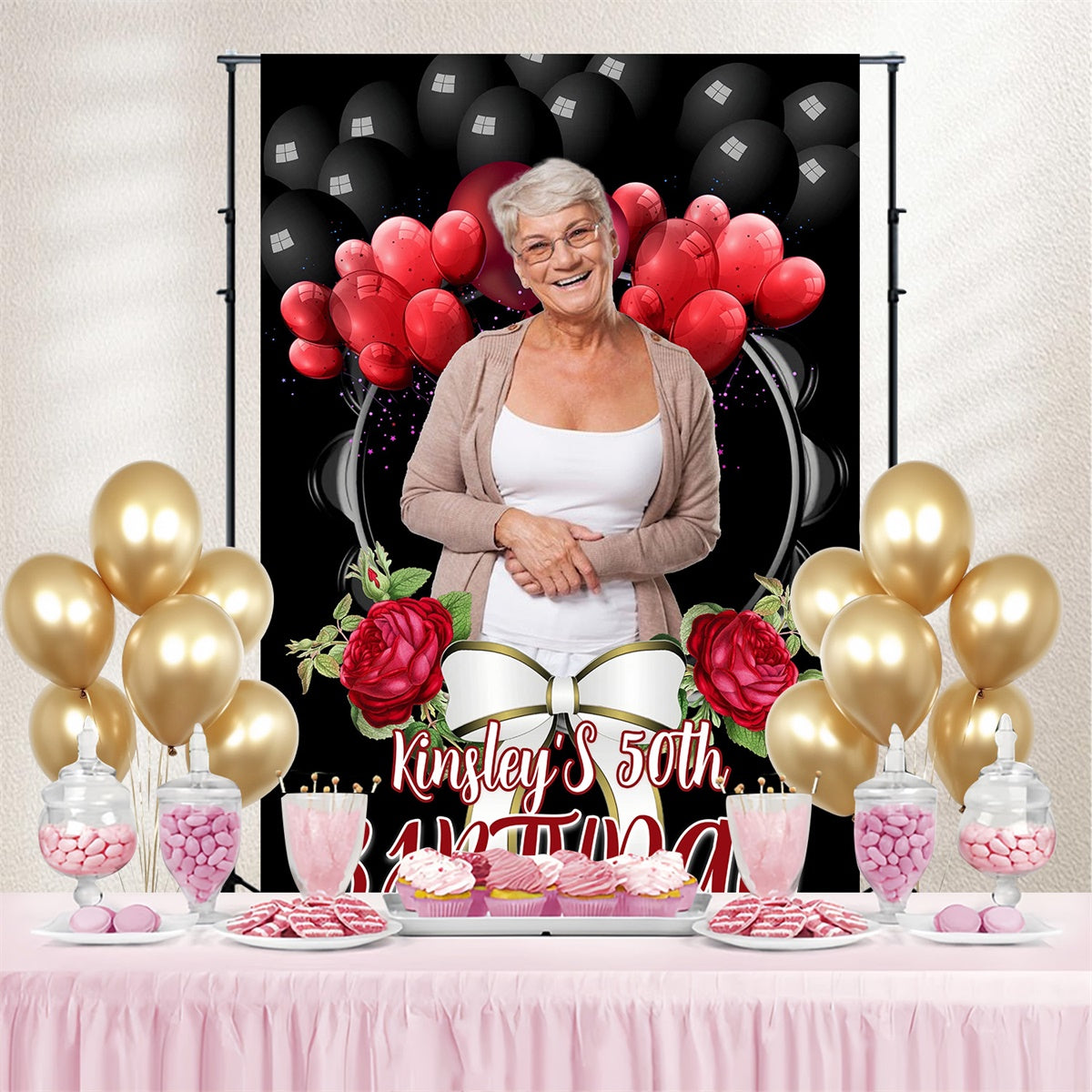 Customize Backdrop für Geburtstag Rot Ballon Rose 50. Geburtstag Hintergrund MRR3-165