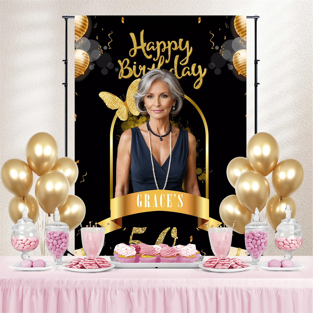 Custom Birthday Backdrops Chic Gold Schmetterling 50. Geburtstag Backdrop MRR3-168