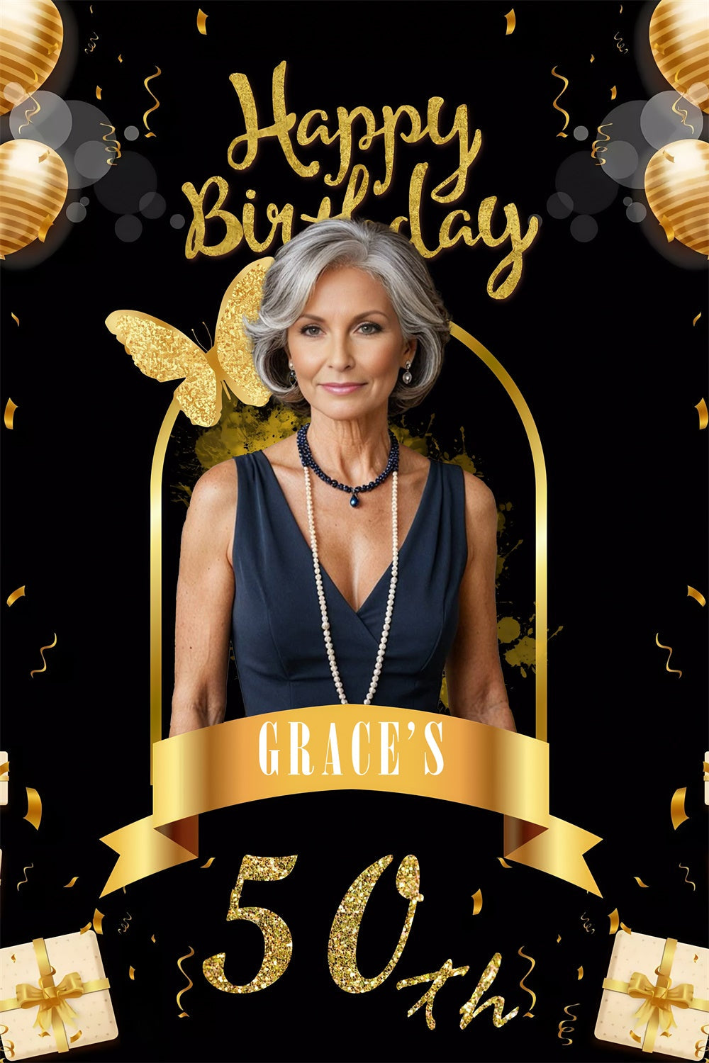 Custom Birthday Backdrops Chic Gold Schmetterling 50. Geburtstag Backdrop MRR3-168