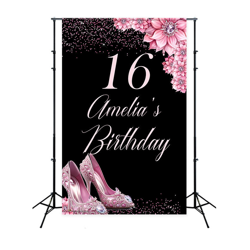 Personalisierte Geburtstag Backdrop Rosa Schuhe Sweet 16 Backdrop MRR3-22