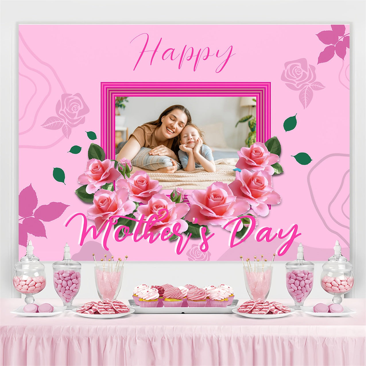 Backdrops für Muttertag Rosa Rosen Rahmen Personalisierte Backdrop MRR3-48
