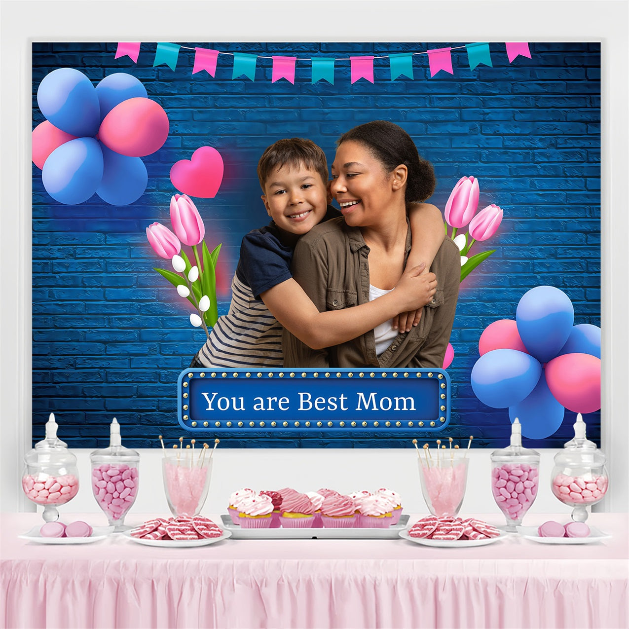 Muttertag Fotokulissen Tulpen Luftballons Feier personalisierte Kulisse MRR3-51
