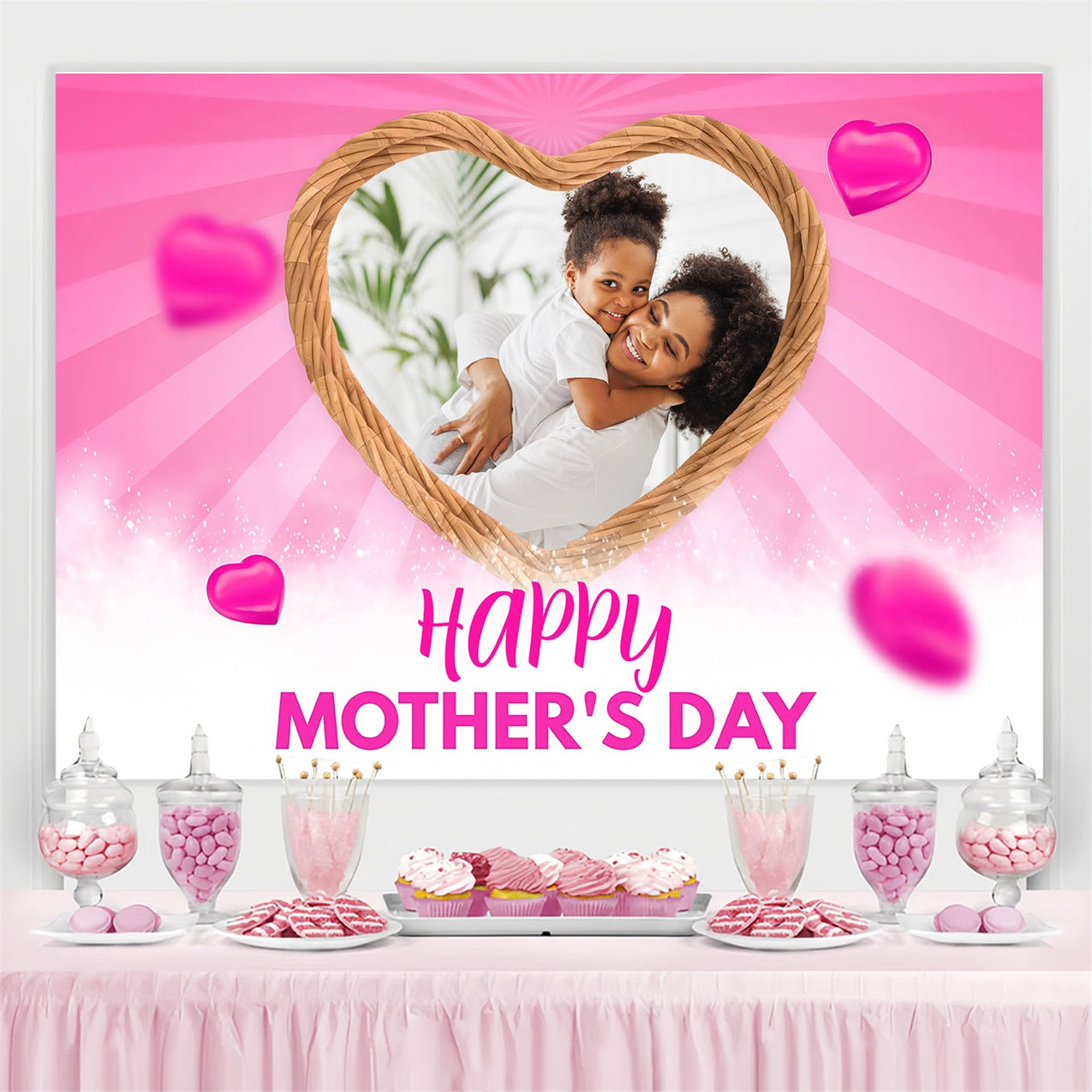 Backdrops für Muttertag Rosa Herzen Rahmen Sparkles Personalisierte Hintergrund MRR3-52