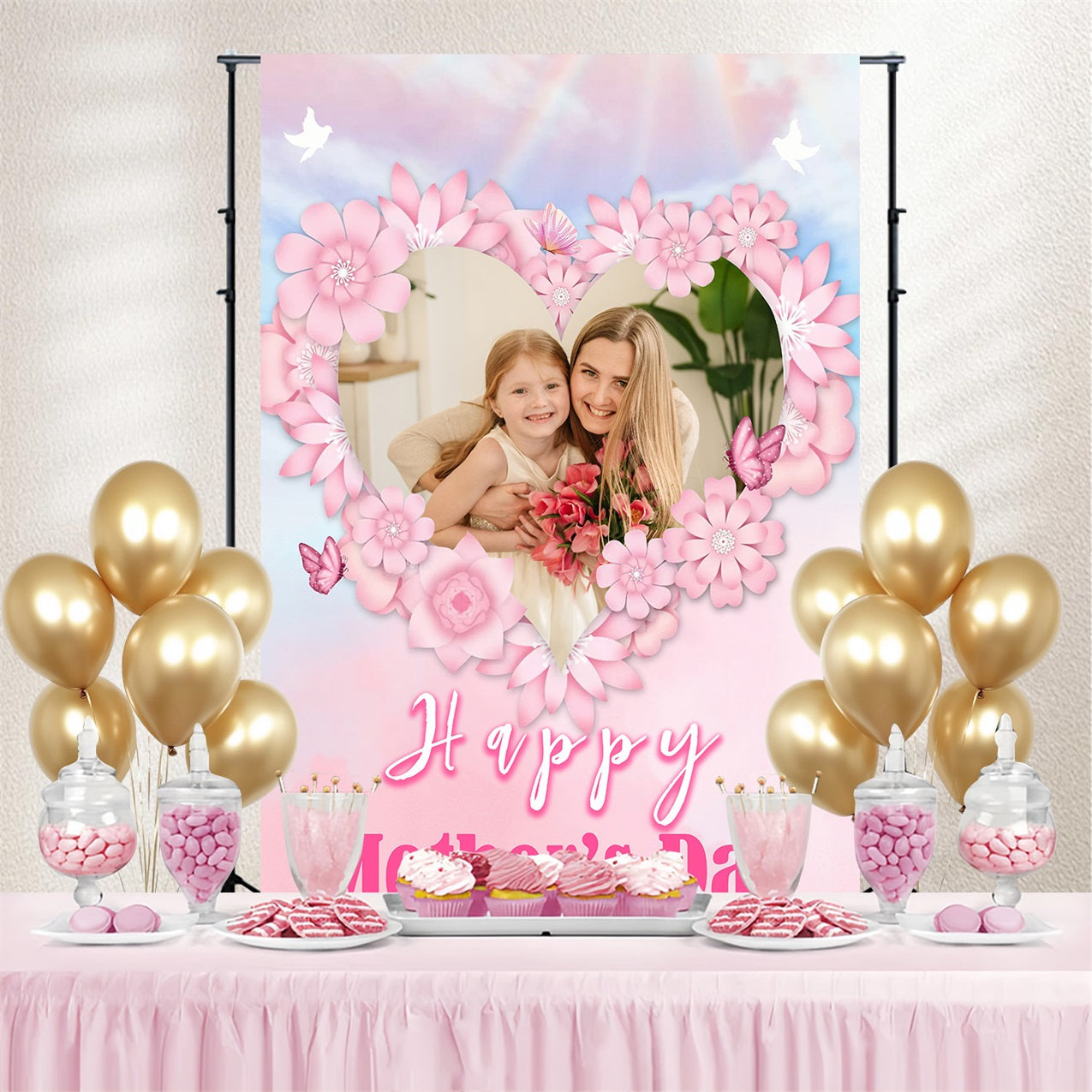 Hintergrundbild für Muttertag Herzförmiger Blumenrahmen Personalisierte Hintergrundbilder MRR3-72