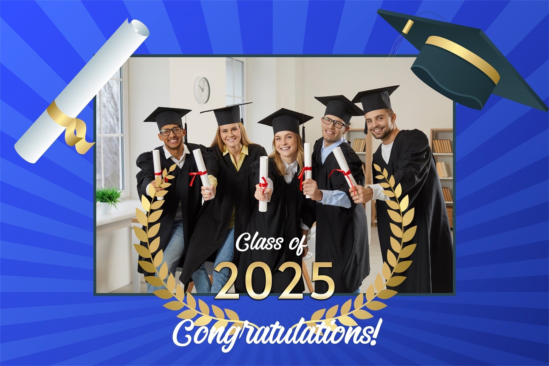 Customized Graduation Backdrop Lorbeerkranz Blau Graduation Party Backdrop MRR4-16