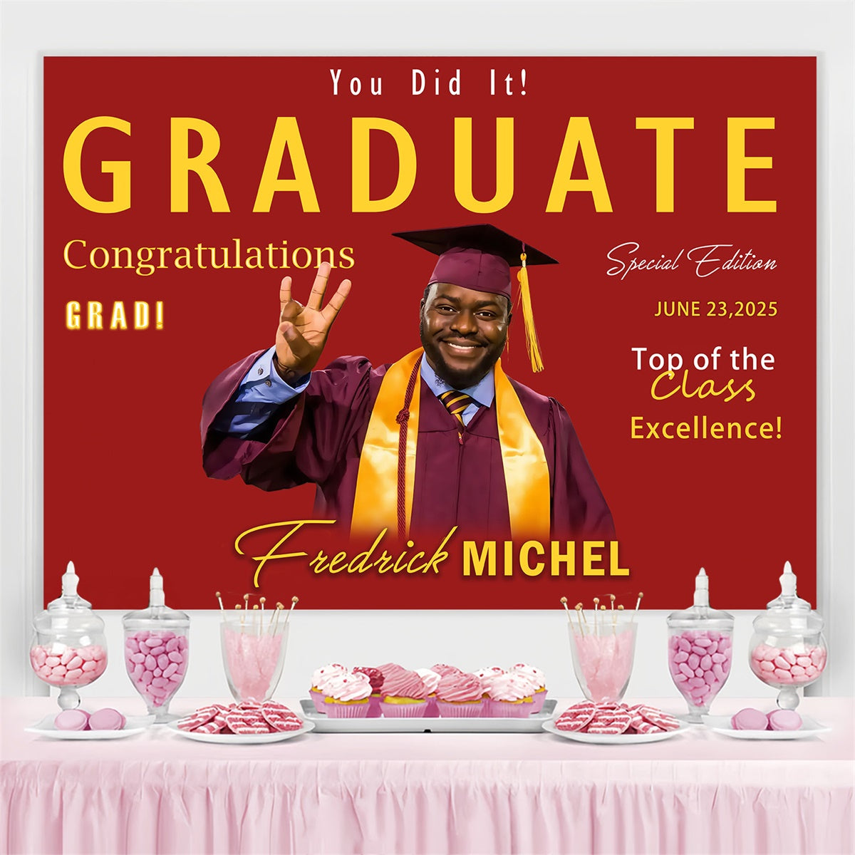 Personalisierte Graduation Backdrop Rot Gold Ehre Graduation Party Backdrop MRR4-3