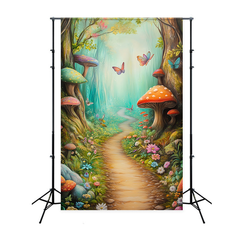 Feenwald Hintergrundkulisse Schmetterlingspfad Pilz Foto Hintergrund MRR7-110