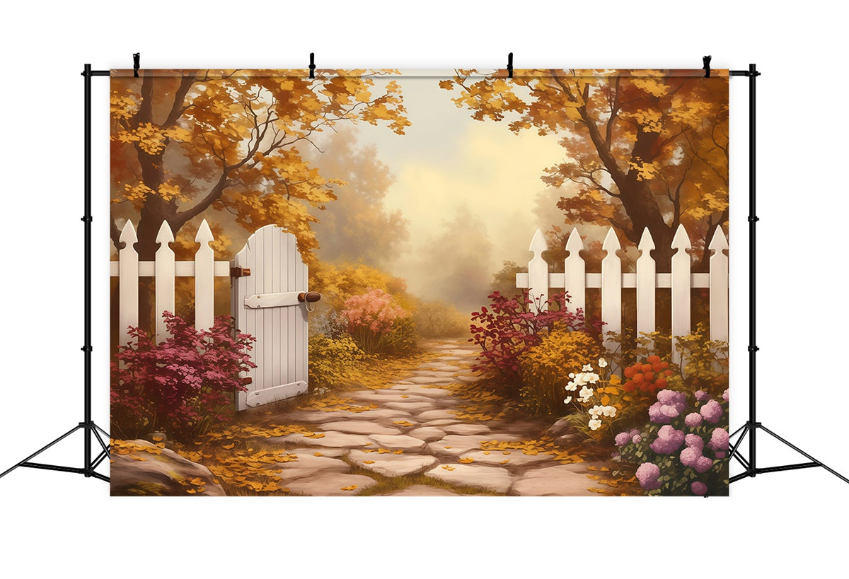 Herbstwald Backdrops Weißer Zaun Goldener Pfad Fotohintergrund MRR7-124