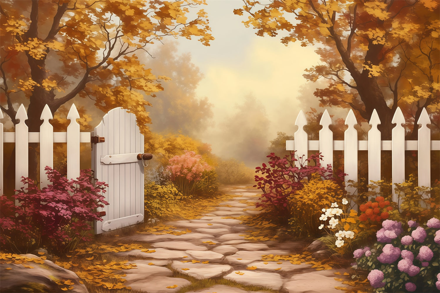 Herbstwald Backdrops Weißer Zaun Goldener Pfad Fotohintergrund MRR7-124