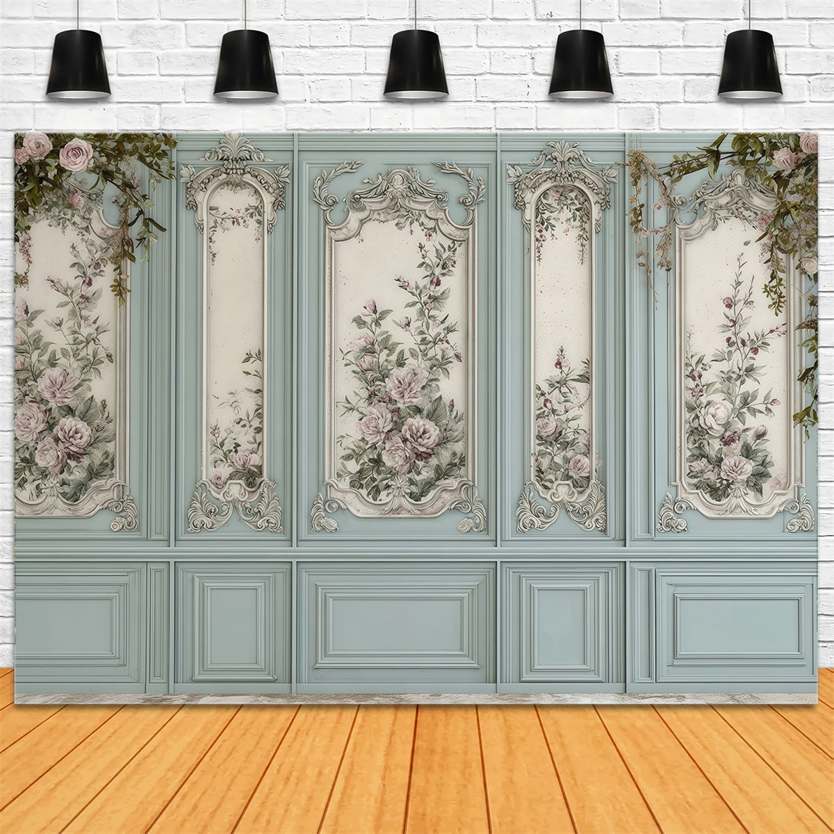 Barocke Hintergrundkulisse Blaues Blumenpaneel Vintage-Wand Fotohintergrund MRR7-219