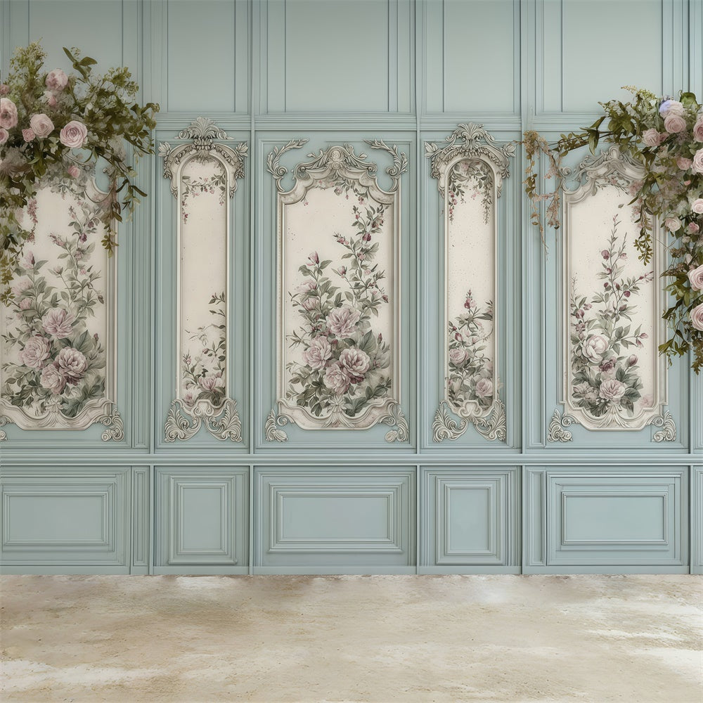 Barocke Hintergrundkulisse Blaues Blumenpaneel Vintage-Wand Fotohintergrund MRR7-219
