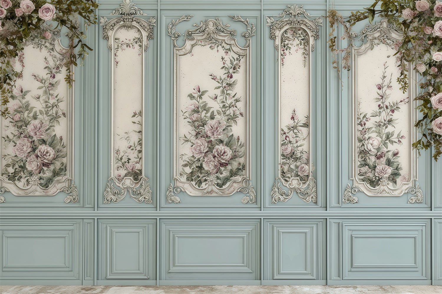 Barocke Hintergrundkulisse Blaues Blumenpaneel Vintage-Wand Fotohintergrund MRR7-219