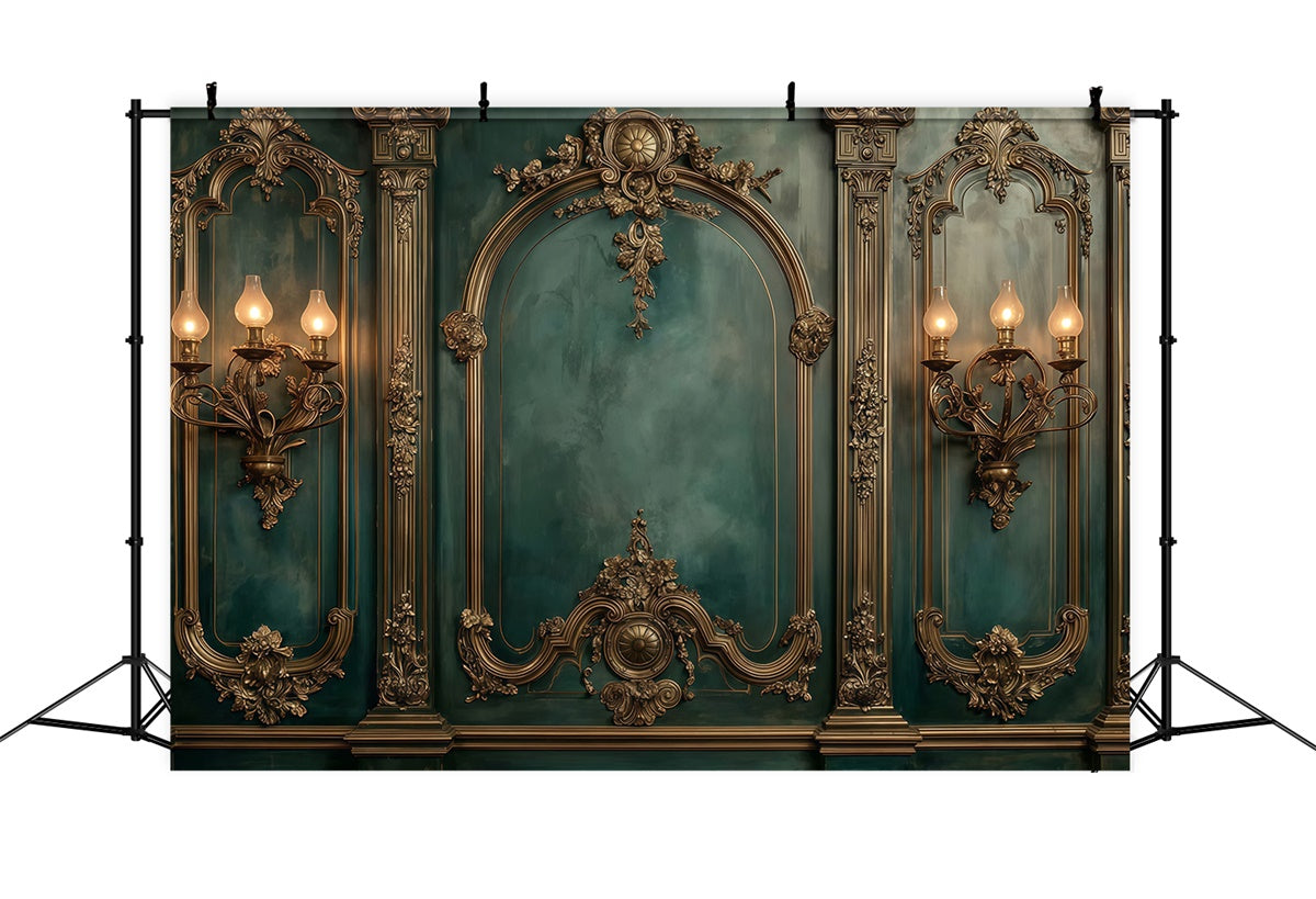 Barock Backdrop Vergoldeter Smaragd Vintage Wand Fotohintergrund MRR7-231