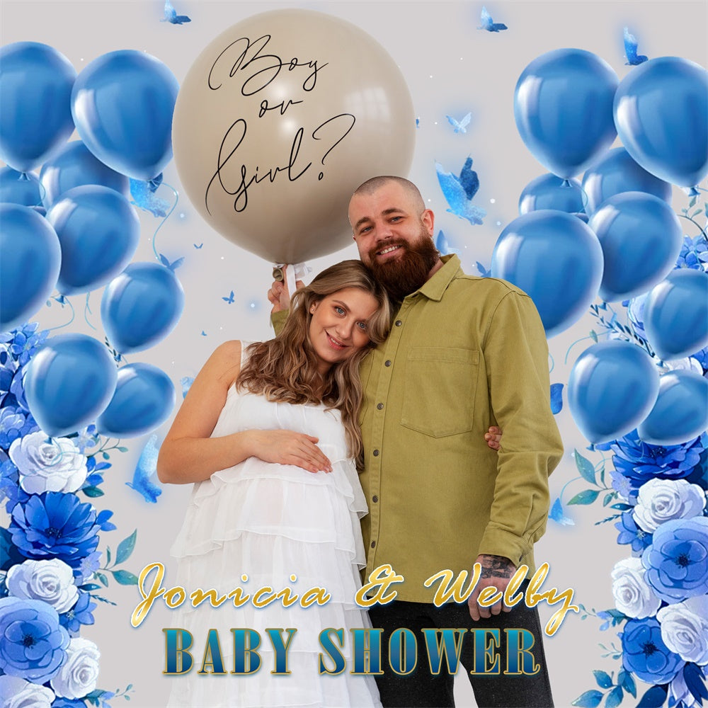 Hintergrundkulisse für Babyparty Blaue Blüte Ballon Personalisierte Hintergrundkulisse MRR7-6