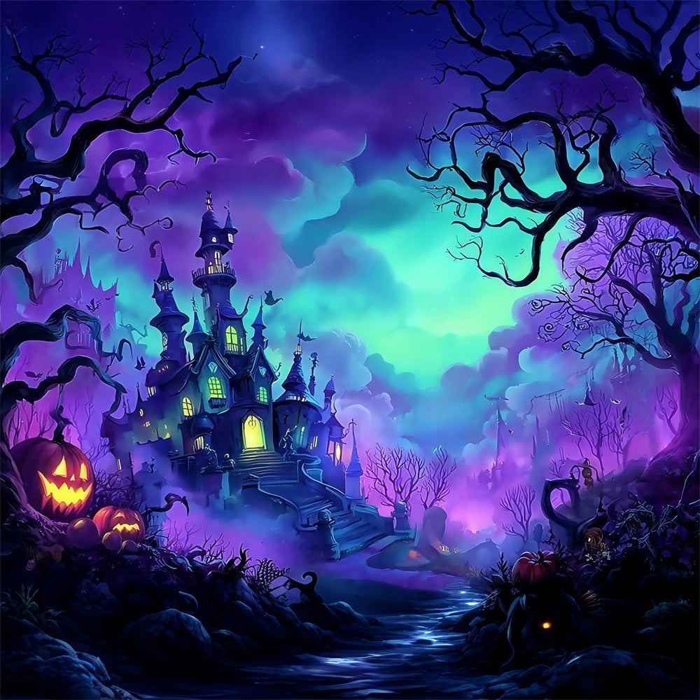 Spooky Halloween Backdrop Nebliger Wald Schloss Kürbis Foto Hintergrund MRR8-11