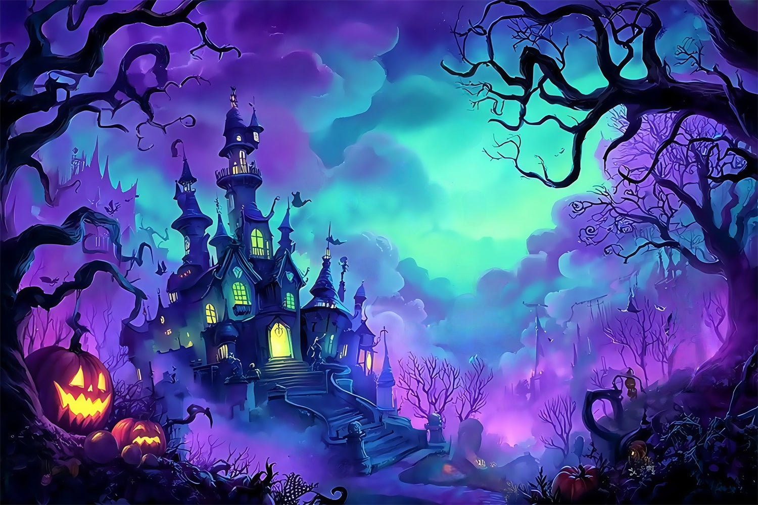Spooky Halloween Backdrop Nebliger Wald Schloss Kürbis Foto Hintergrund MRR8-11