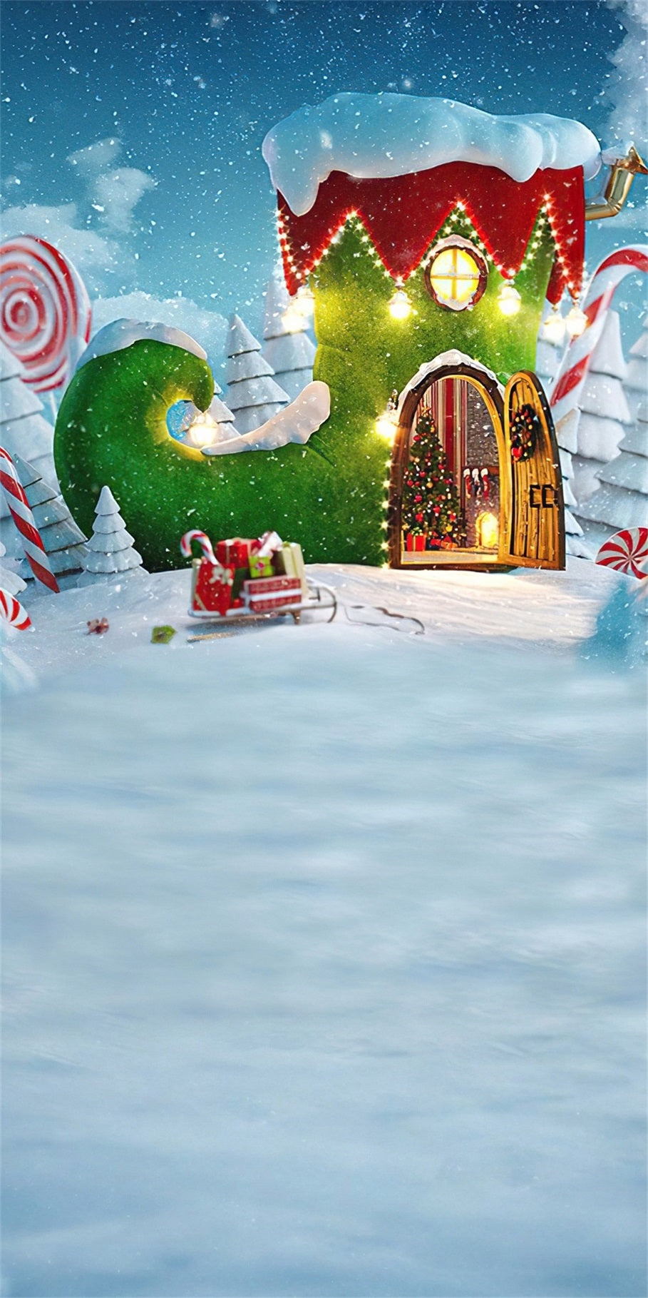 Holiday Backdrop Fairytale Grün Boots Cottage Weihnachtskulissen MRR8-117