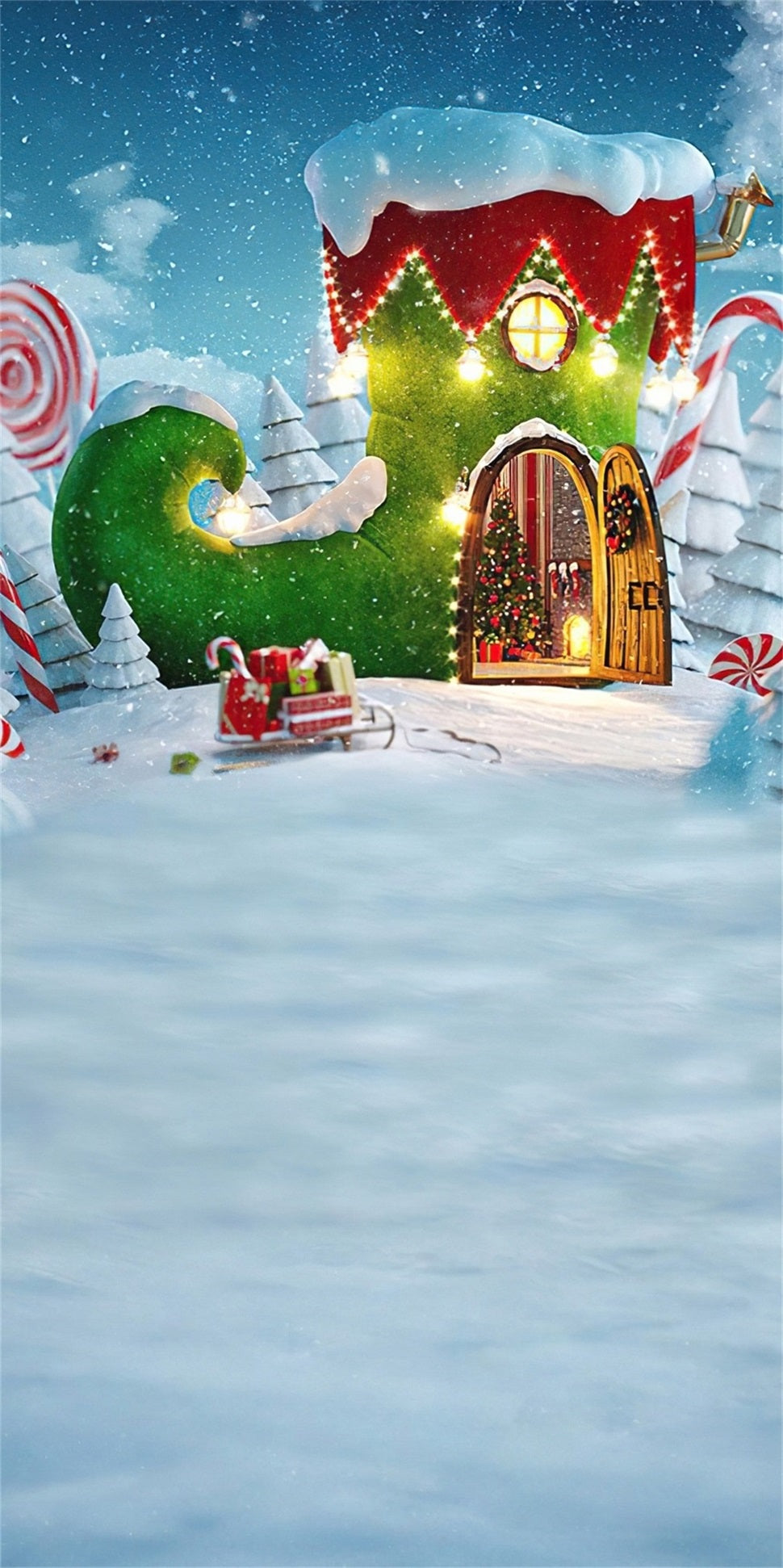 Holiday Backdrop Fairytale Grün Boots Cottage Weihnachtskulissen MRR8-117