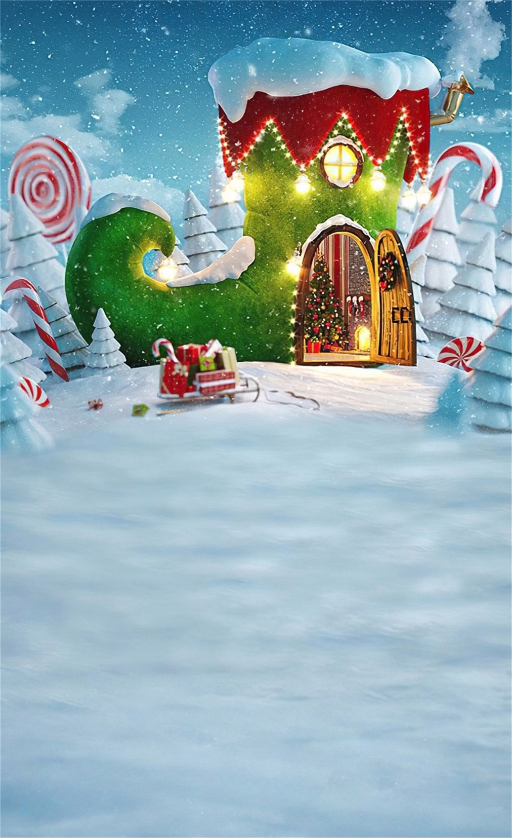 Holiday Backdrop Fairytale Grün Boots Cottage Weihnachtskulissen MRR8-117