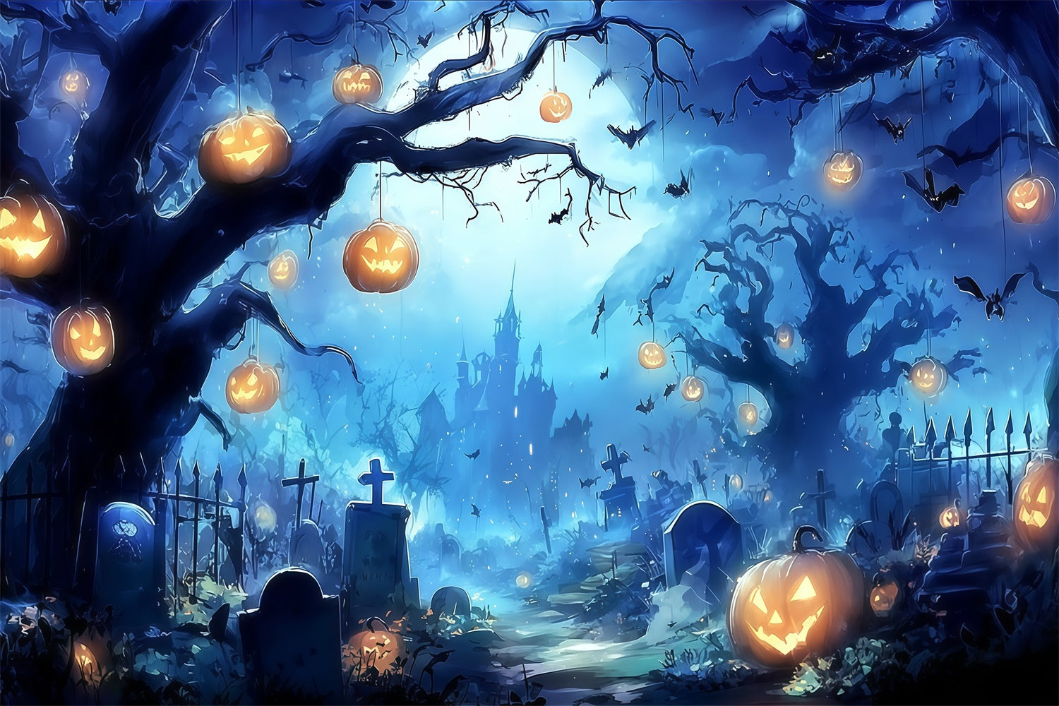 Halloween Friedhof Foto Hintergrund Unheimlicher Kürbis Kronleuchter Wald Schloss Hintergrund MRR8-13