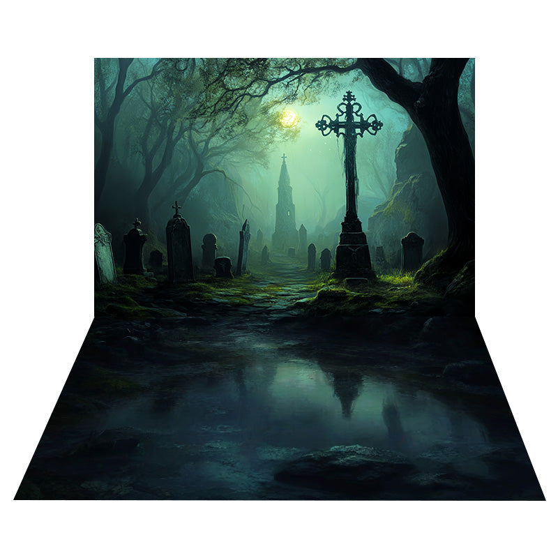 Nebliger Wald-Friedhof-Foto Hintergrund+Nebelige Bodenreflexion-Foto Hintergrund MRR8-138