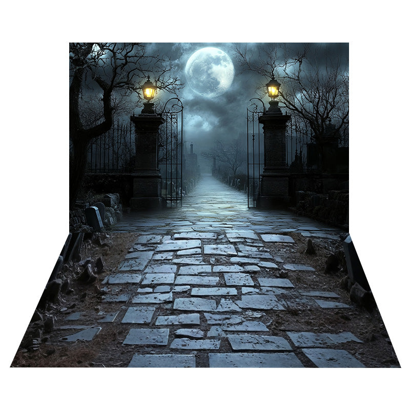 Friedhofstor Mondschein-Foto Hintergrund+Ziegelstein-Boden-Foto Hintergrund MRR8-145