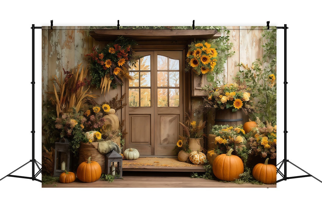Herbst Foto Hintergrund Sonnenblumen Scheunentür Kürbis Herbst Foto Foto Hintergrund MRR8-181