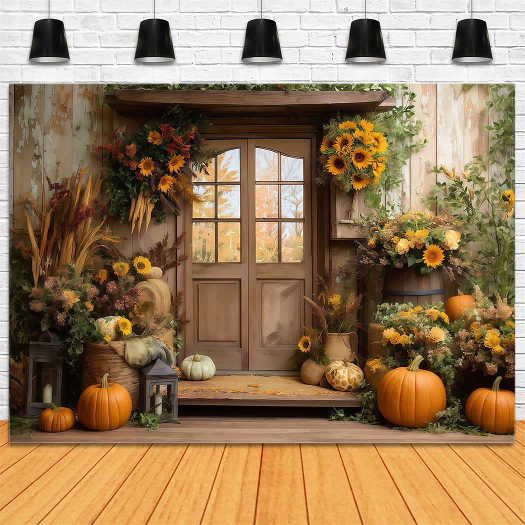 Herbst Foto Hintergrund Sonnenblumen Scheunentür Kürbis Herbst Foto Foto Hintergrund MRR8-181